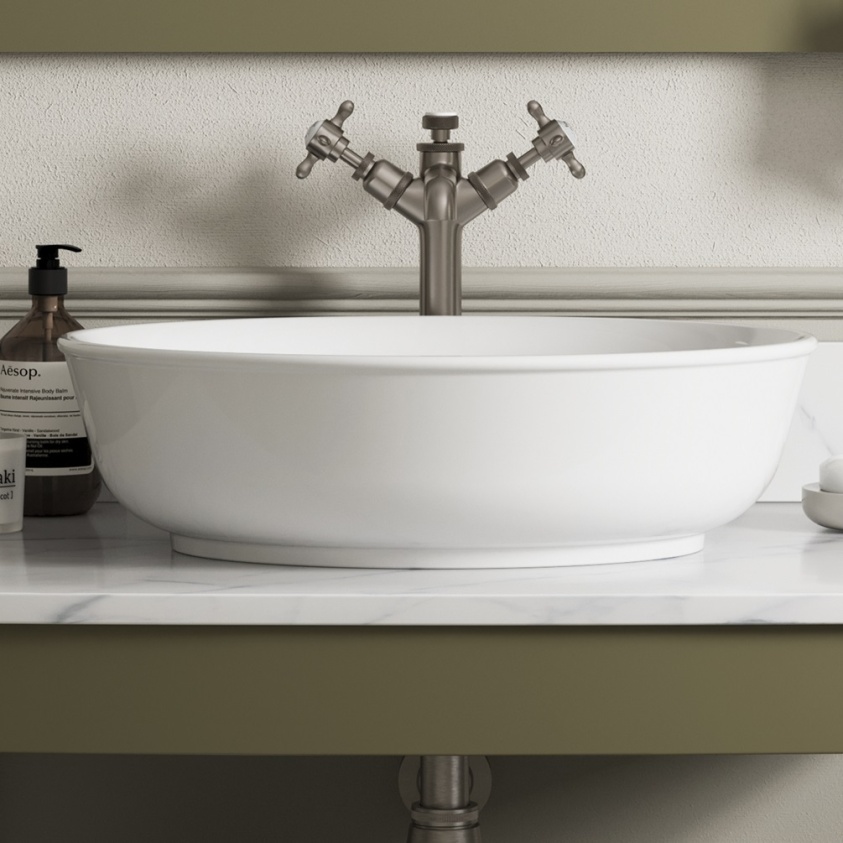 Product lifestyle photo of Burlington Guild 500mm Gloss White Countertop Basin on Marble Worktop GU5038SCW